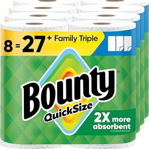 Bounty Quick-Size Paper Towels, White, 8 Family Triple Rolls = 27 Regular Rolls
