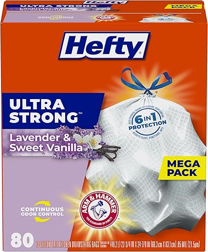 Hefty Ultra Strong 13 Gallon Trash Bags, Tall Kitchen Trash Bags 13 Gallon Size, Drawstring Closure, Continuous Odor Control, White, Lavender and Sweet Vanilla Scent, 110 Bags