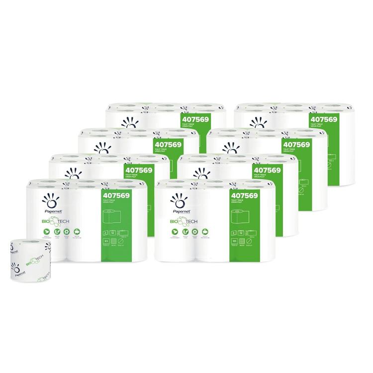 Papernet Bio Tech - Papier Hygiénique (407569), 8 Paquets de 12 Rouleaux en Cellulose Pure et Longueur de 18,15 m, 2 épaisseurs, 165 Feuilles par Rouleau