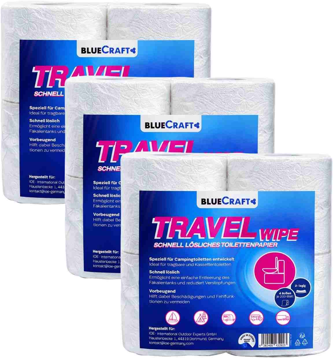 Bluecraft Lot de 12 rouleaux de papier toilette auto-dissolvant, pour camping, camping-car, caravane, bateau - 2 couches - Pour toilettes de camping, toilettes chimiques - Sans obstruction et à