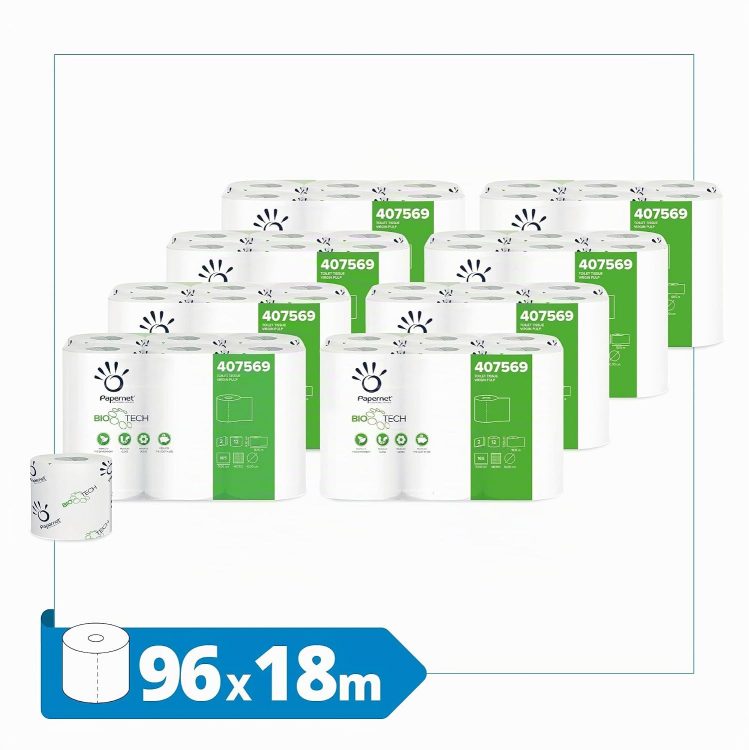 Papernet Bio Tech - Papier Hygiénique (407569), 8 Paquets de 12 Rouleaux en Cellulose Pure et Longueur de 18,15 m, 2 épaisseurs, 165 Feuilles par Rouleau – Image 2