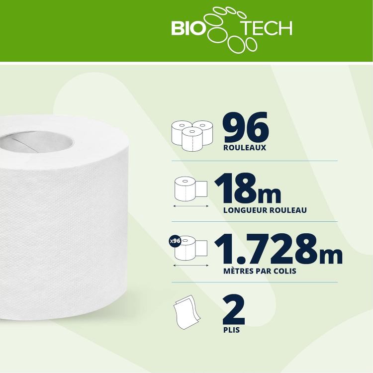 Papernet Bio Tech - Papier Hygiénique (407569), 8 Paquets de 12 Rouleaux en Cellulose Pure et Longueur de 18,15 m, 2 épaisseurs, 165 Feuilles par Rouleau – Image 3