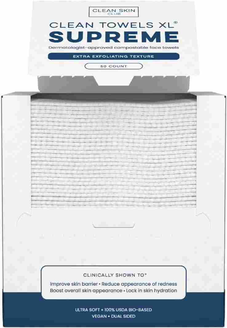 Clean Skin Club Clean Towels XL® Supreme, lingettes visage 100% biosourcées USDA, jetables, texturées, plus épaisses, ultra-absorbantes et douces, approuvées eczéma, 50 lingettes.