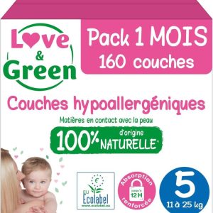 Love & Green - Couches Bébé Saines et Ecologiques - Taille 5 (11-25 Kg) - Pack 1 Mois (160 Couches) - Absorbante, anti-fuites et sans ingrédients indésirables