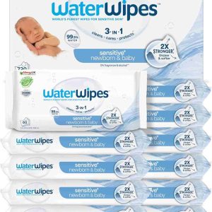 WaterWipes Sensitive+ Newborn & Baby Wipes, Lingettes Pour Nouveau-Nés et Bébés, 720 unités (12 paquets), 3-en-1 nettoie, soigne, protège, 99,9% d'eau, non parfumées
