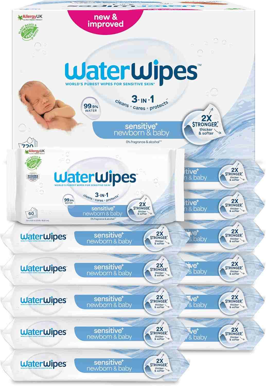 WaterWipes Sensitive+ Newborn & Baby Wipes, Lingettes Pour Nouveau-Nés et Bébés, 720 unités (12 paquets), 3-en-1 nettoie, soigne, protège, 99,9% d'eau, non parfumées