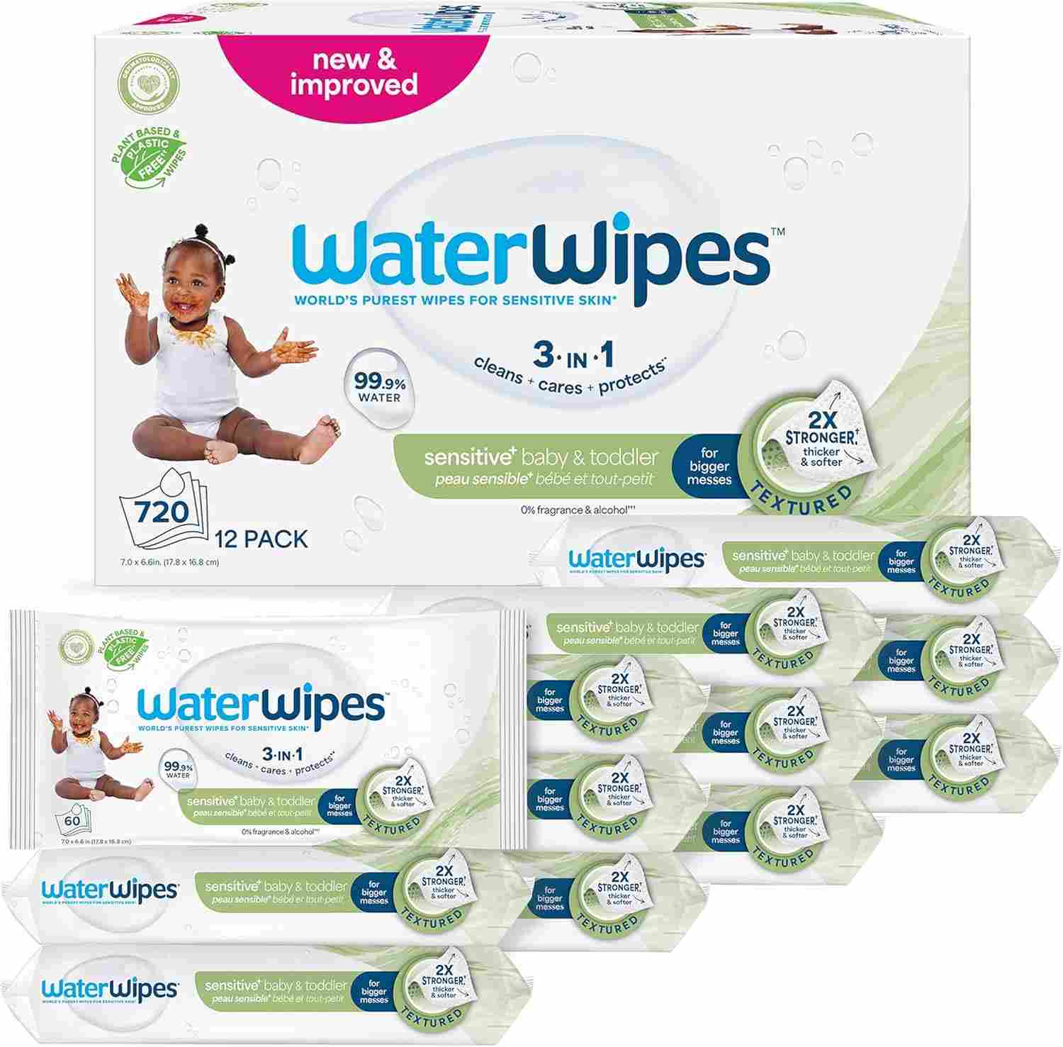 WaterWipes Sensitive+ Baby & Toddler Wipes, Lingettes Pour Bébés et Tout-Petits, 720 unités (12 paquets), 3-en-1 nettoie, soigne, protège, 99,9% d'eau, Textured Clean, non parfumées