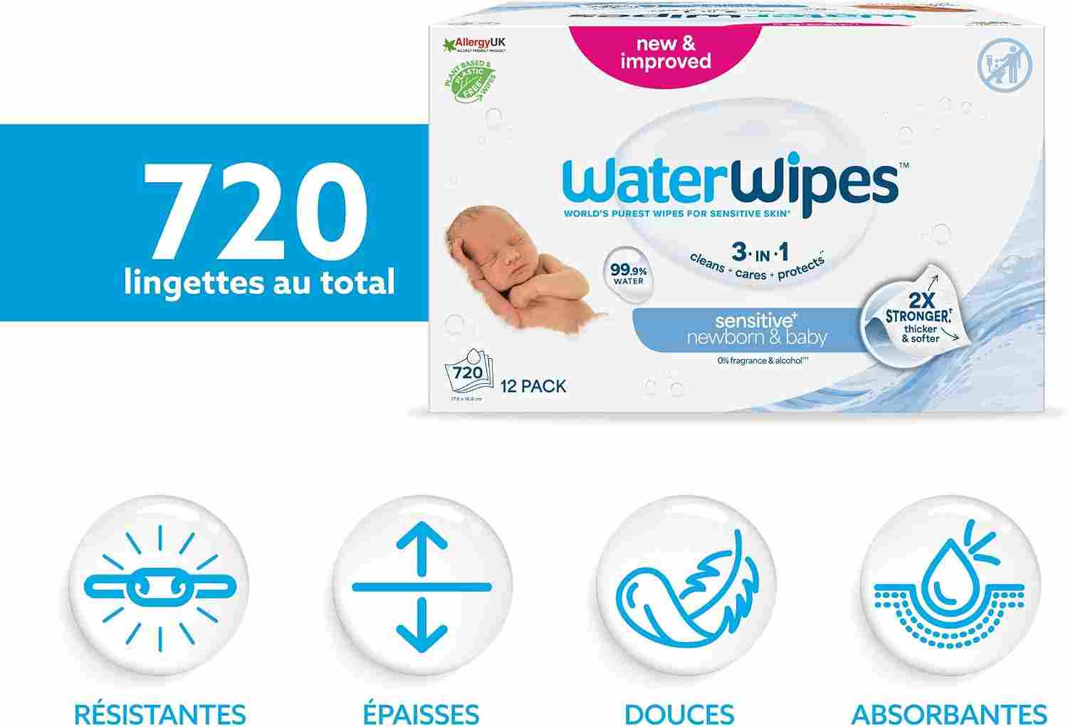WaterWipes Sensitive+ Newborn & Baby Wipes, Lingettes Pour Nouveau-Nés et Bébés, 720 unités (12 paquets), 3-en-1 nettoie, soigne, protège, 99,9% d'eau, non parfumées – Image 2