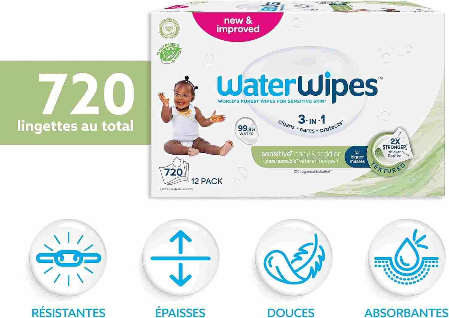 WaterWipes Sensitive+ Baby & Toddler Wipes, Lingettes Pour Bébés et Tout-Petits, 720 unités (12 paquets), 3-en-1 nettoie, soigne, protège, 99,9% d'eau, Textured Clean, non parfumées – Image 2