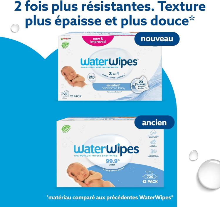 WaterWipes Sensitive+ Newborn & Baby Wipes, Lingettes Pour Nouveau-Nés et Bébés, 720 unités (12 paquets), 3-en-1 nettoie, soigne, protège, 99,9% d'eau, non parfumées – Image 3