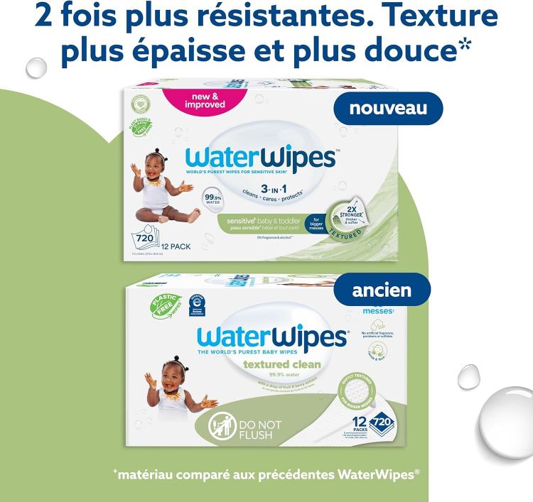 WaterWipes Sensitive+ Baby & Toddler Wipes, Lingettes Pour Bébés et Tout-Petits, 720 unités (12 paquets), 3-en-1 nettoie, soigne, protège, 99,9% d'eau, Textured Clean, non parfumées – Image 3