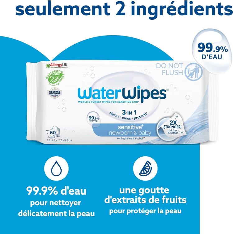 WaterWipes Sensitive+ Newborn & Baby Wipes, Lingettes Pour Nouveau-Nés et Bébés, 720 unités (12 paquets), 3-en-1 nettoie, soigne, protège, 99,9% d'eau, non parfumées – Image 4