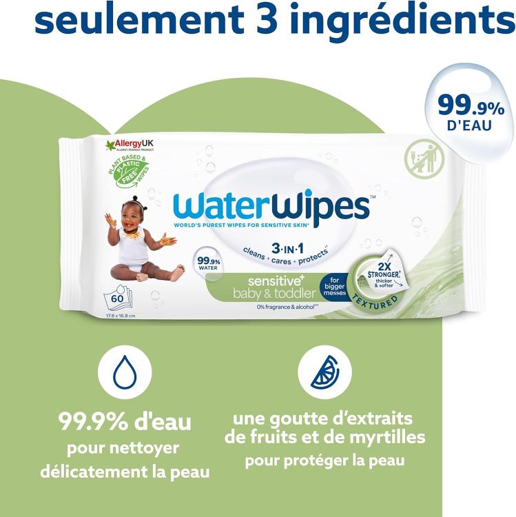 WaterWipes Sensitive+ Baby & Toddler Wipes, Lingettes Pour Bébés et Tout-Petits, 720 unités (12 paquets), 3-en-1 nettoie, soigne, protège, 99,9% d'eau, Textured Clean, non parfumées – Image 4
