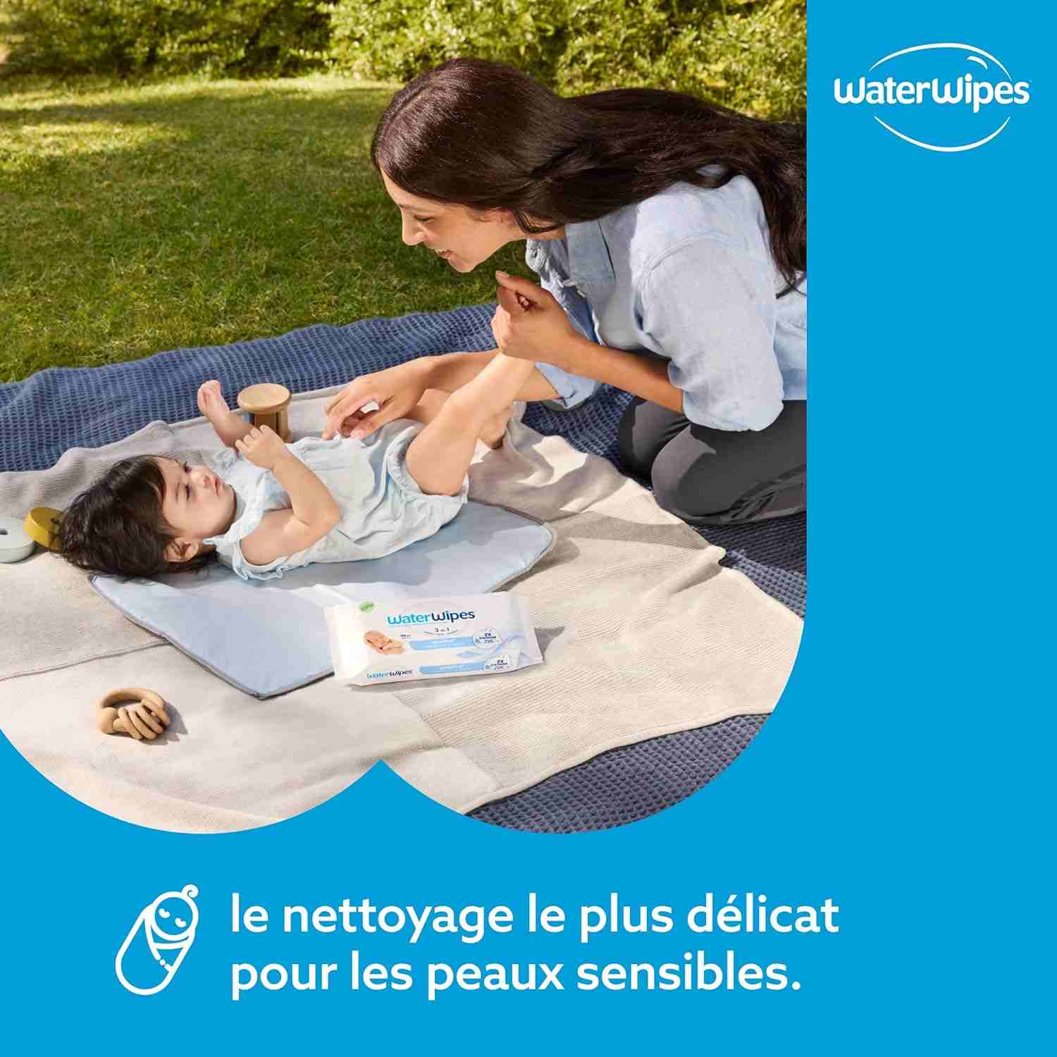 WaterWipes Sensitive+ Newborn & Baby Wipes, Lingettes Pour Nouveau-Nés et Bébés, 720 unités (12 paquets), 3-en-1 nettoie, soigne, protège, 99,9% d'eau, non parfumées – Image 5