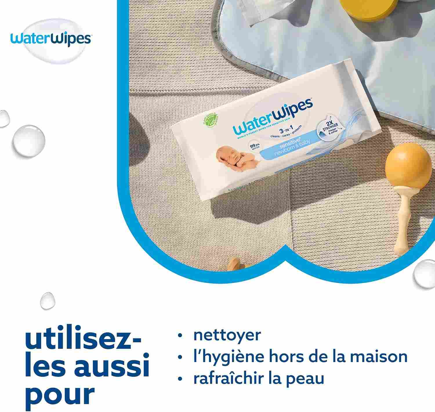 WaterWipes Sensitive+ Newborn & Baby Wipes, Lingettes Pour Nouveau-Nés et Bébés, 720 unités (12 paquets), 3-en-1 nettoie, soigne, protège, 99,9% d'eau, non parfumées – Image 6