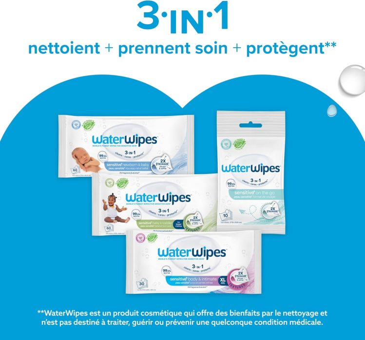 WaterWipes Sensitive+ Newborn & Baby Wipes, Lingettes Pour Nouveau-Nés et Bébés, 720 unités (12 paquets), 3-en-1 nettoie, soigne, protège, 99,9% d'eau, non parfumées – Image 7