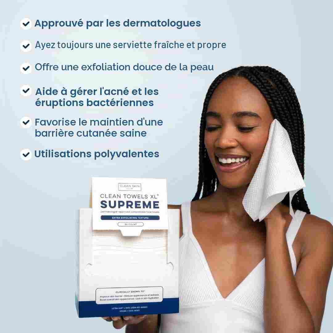 Clean Skin Club Clean Towels XL® Supreme, lingettes visage 100% biosourcées USDA, jetables, texturées, plus épaisses, ultra-absorbantes et douces, approuvées eczéma, 50 lingettes. – Image 8
